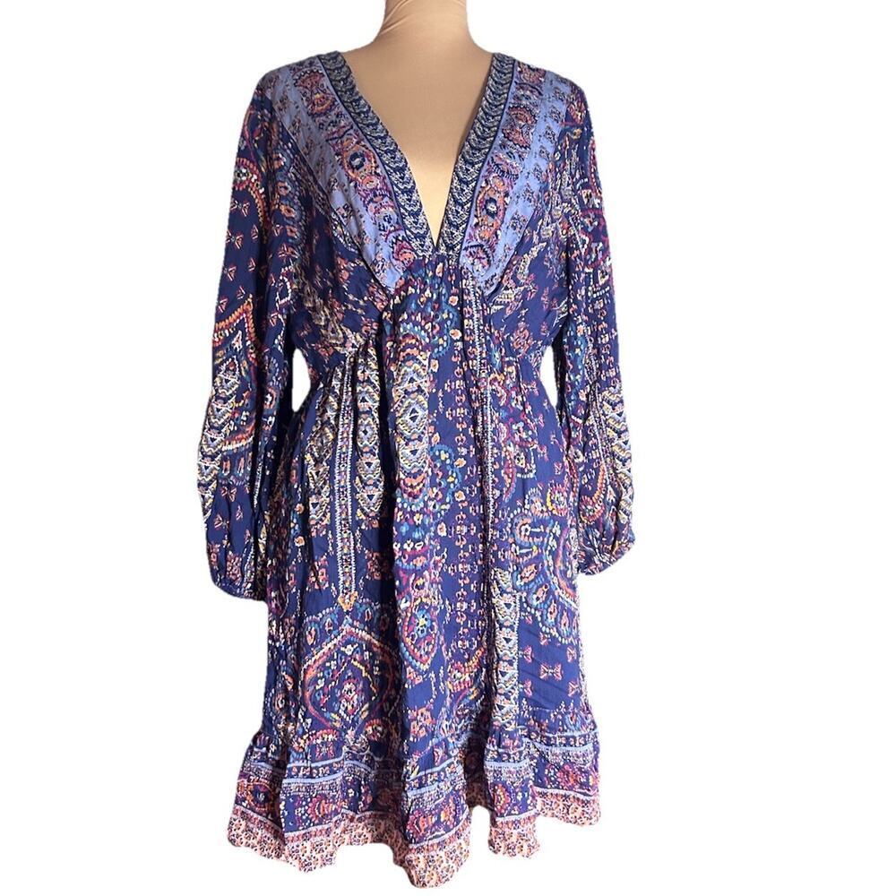 Nostalgia Navy Blue Babydoll Boho Tunic Mini Dress V-Neck Balloon Sleeve Size XL